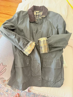 Barbour unisex Green Waxed Jacket Plaid Lined Button Front Size U S 10
