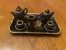 Limoges France Tea Set Vintage Miniature Porcelain Blue Cobalt trim gold 10 PC