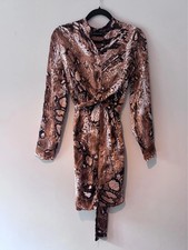 PrettyLittleThing Brown and Black Snake Print Satin Wrap Midi Dress Size 8
