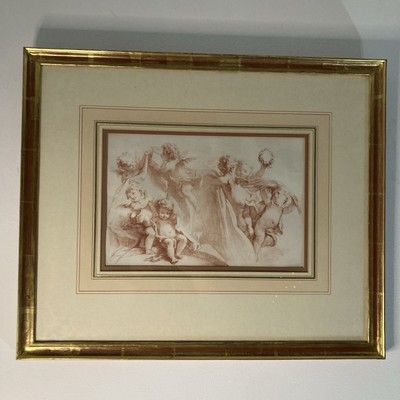Sepia Cherub Putti Druck goldfarben Holzrahmen Artefakt 46 x 56 cm