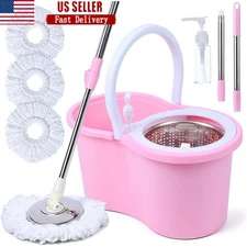 Pink Mop Bucket Set Spin Microfiber Heads Stainless Steel Handle Easy Assembly