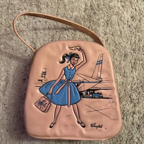 VTG Barbie Ponytail 1960 Pink Purse Doll Case Travel Bag Vinyl