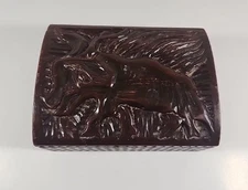 RARE VINTAGE SMALL WOOD CHEST TRUNK TRINKET BOX WITH PIG HAND CARVED