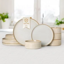 12PCS Stoneware Plates and Bowls Sets, Ceramic Dinnerware Sets for 4, Reactiv...