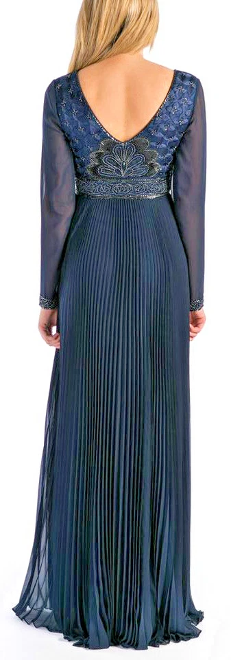 Sue Wong ~ Navy Chiffon Beaded Empire Double V Accordion Formal Gown 0 NEW $599 - Image 3 of 4