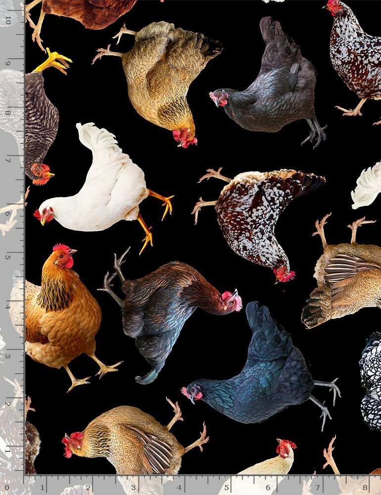 Hen Chicken Fabric Farm Bird Animals Blk Cotton Timeless Treasures C8780 By Yard