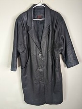 Vtg 80s Oversized Women's Long Leather Trench Coat Biker Bomber Moto Large 14/16