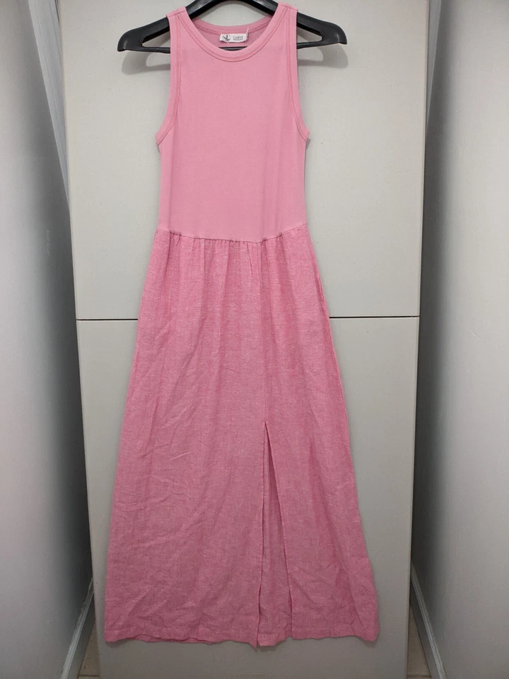 Резной дизайн‎ платье женщин S розовый макси бак без рукавов ярус Расклешенный льняной смеси - Изображение 2 из 4