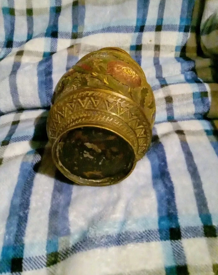 Asian Vase Antique Bronze/Brass Enamel Paint 12 In Tall - Image 3 of 3