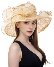 Women Derby Fascinator Hat Organza Church Wedding Tea Party Hats Wide Brim Su...