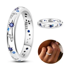 KUNSIR 925 Sterling Silver Ring Sparkling Starry Night Finger Ring For Women Men