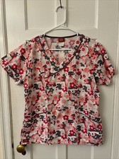 Dickies Classic Floral Scrub Top Pockets V neck Womens Shirt USA S