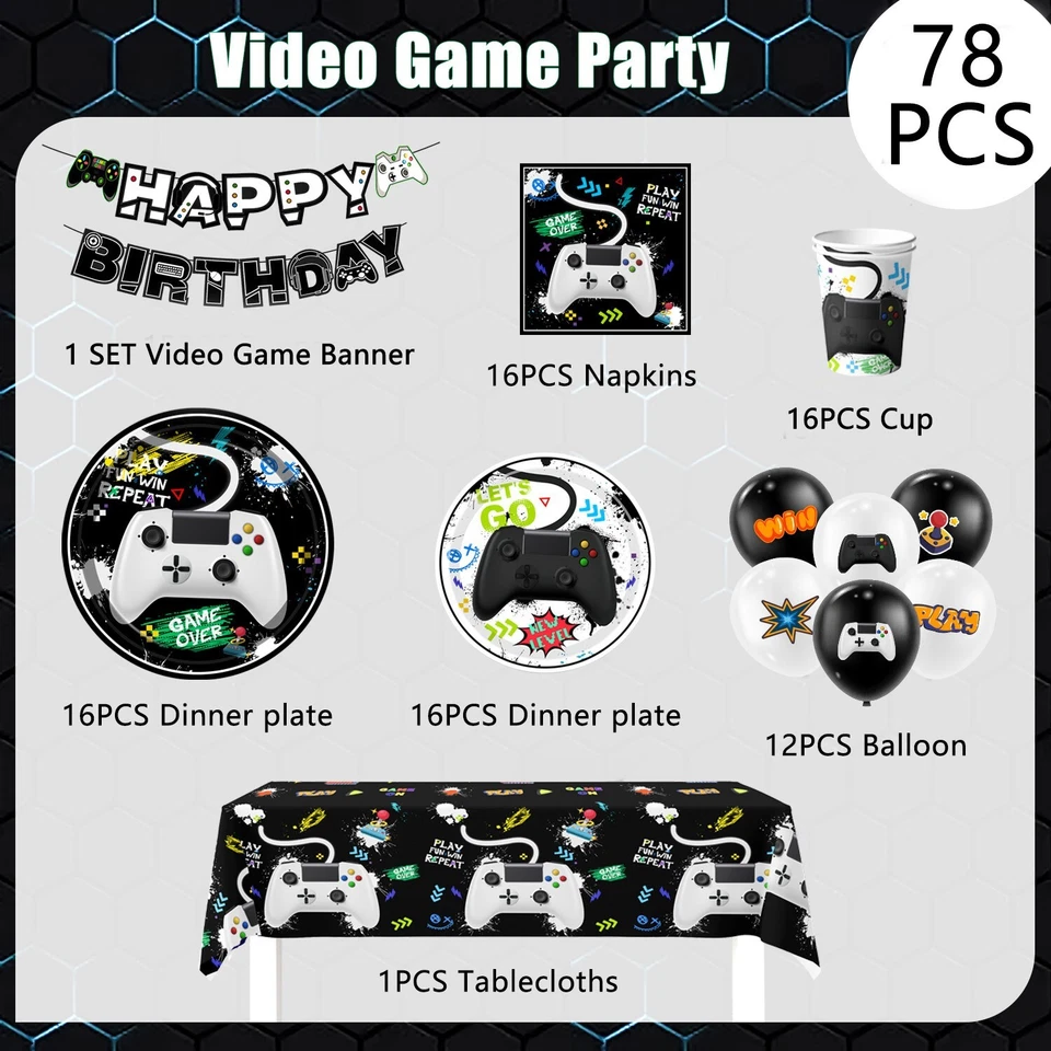Globos vajilla cumpleaños jugador decoraciones fiesta videojuego blanco y negro Foto 2 de 4