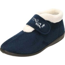 Ladies Slipper Ankle Boots Bootee Navy Blue Warm V Front Flat House Shoes Cosy
