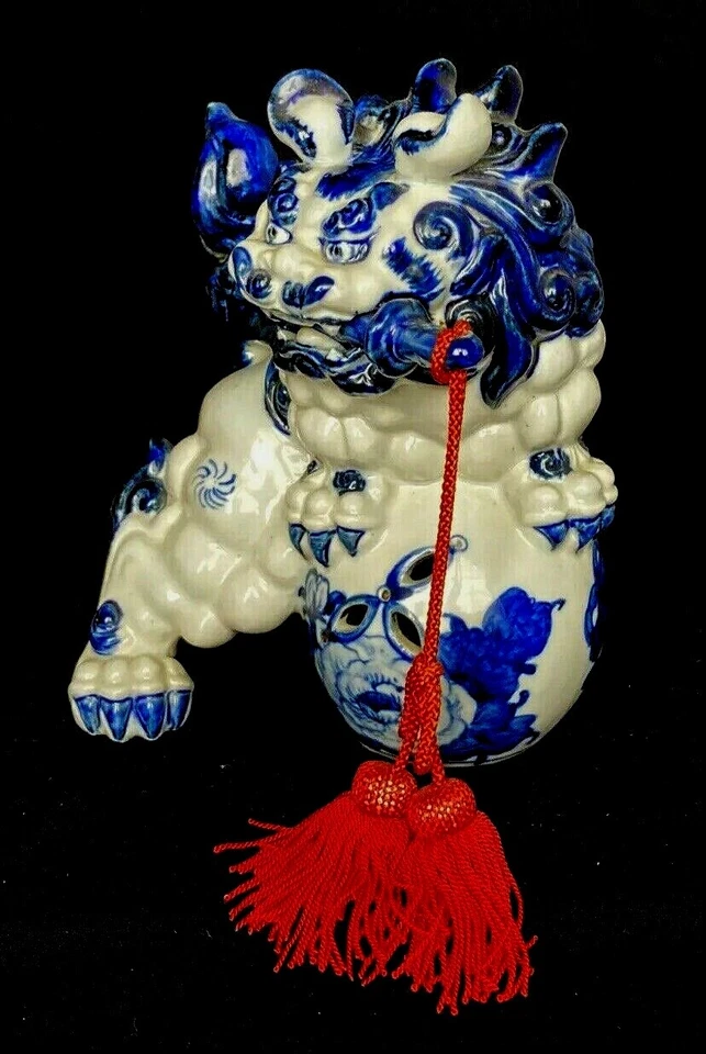 ¿Antiguo vintage/antiguo? Foo Dog chino/japonés azul sobre blanco Foto 3 de 4