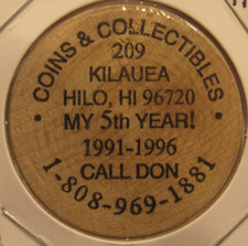 1996 Coins & Collectibles Hilo, HI Wooden Nickel - Token Hawaii