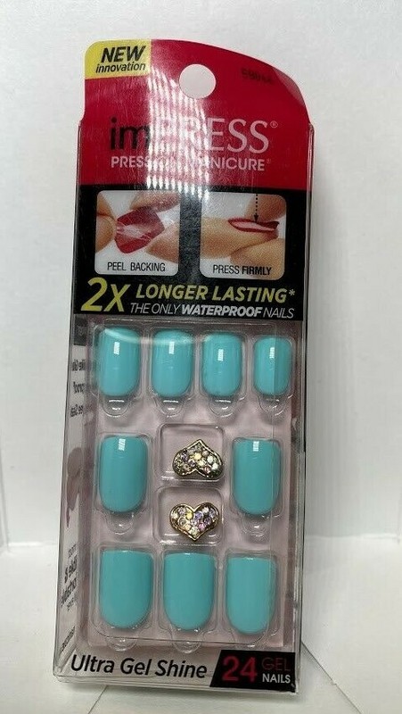 Lot of 3 Impress Press on Nails Short Aqua blue w/ large heart jewel accent