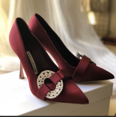 Manolo Blahnik Dark Red Satin Jewel Buckle Pumps