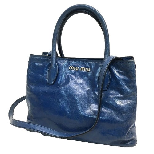 Miu Miu Vitello Lux Ribbon 2Way Leather Handbag Shoulder Bag Blue 