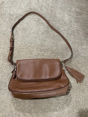 Nordstrom Pebble Brown Leather Foldover Crossbody Purse Expandable Fringe Charm