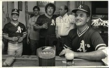 1987 Press Photo Pepper Young's A's Baseball Teammates drink Beer, New York