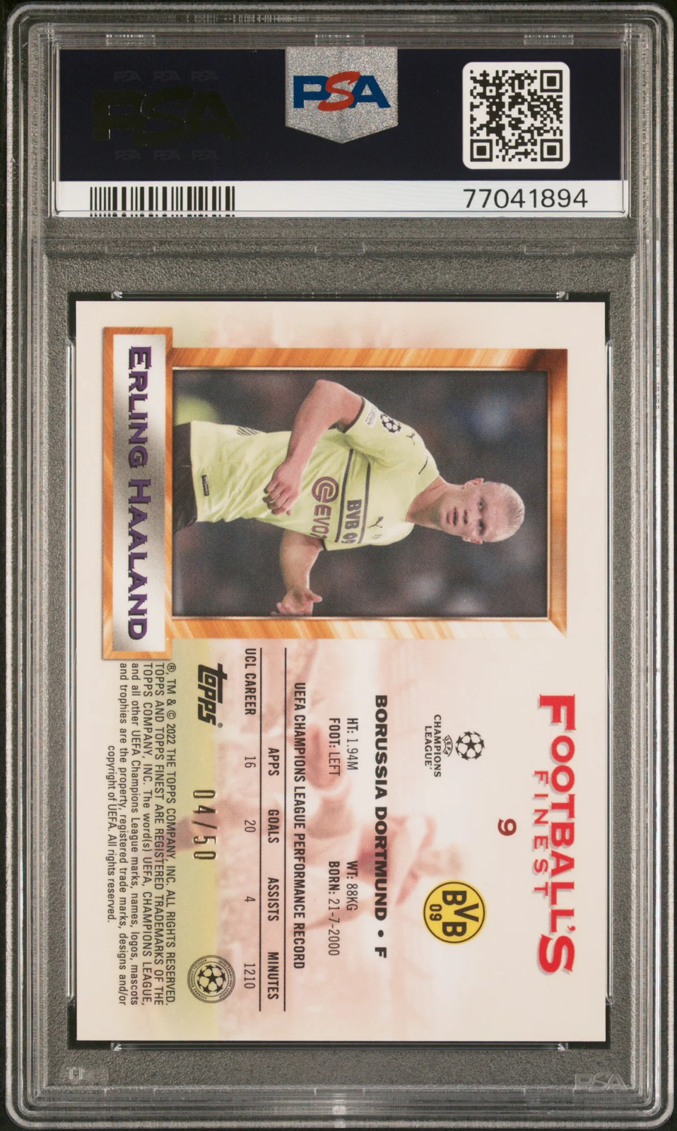 2021-22 Topps Finest UEFA CL Erling Haaland Flashbacks Gold Refractor /50 PSA 10 view 2