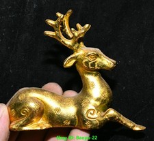 3.9''Old Chinese Dynasty Bronze Gilt Sika Spotted Deer Animal Statue Sculpture
