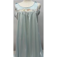 Vintage Kayser Ice Blue Lurelon Nylon Nightgown Lace Floral Bodice USA L Read