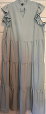 Light Blue Solid V-Neck Ruffle Flutter Sleeve Tiered SHEIN Maxi Dress Womens L