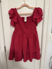 NWT Express textured crinkle Tiered Ruffle Mini Dress smocked top Sz Large Pink
