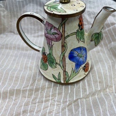 VINTAGE MINI HANDBEMALTE BLUMEN MARIENKÄFER METALL EMAILLE/MESSING TEEKANNE/WASSERKANNE
