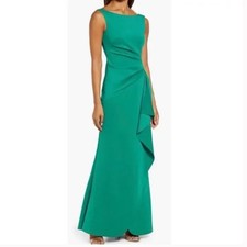 Eliza J Ruched Cascading Ruffle Gown Green Sleeveless Back Zip Long