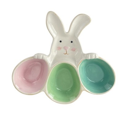 Ceramic Bunny Candy Dish Serving Tray w/3 Hand Painted Pastel Color Eggs