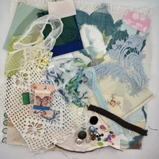 Slow Stitch Teal Blue Yellow Kit Embroidery Vintage Trim Lace Floss Scrap Craft