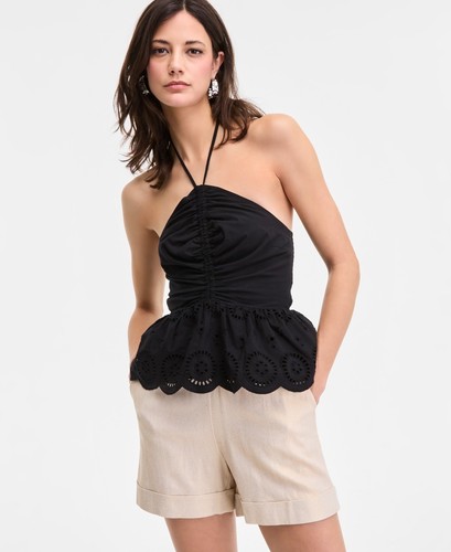 I.N.C. International Concepts Scalloped Eyelet Halter Top Women's M Deep Black