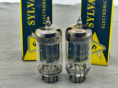 (2) Sylvania JHS-12AU7 Tubes Long Black Plates Square Getters Mil Spec Test NOS