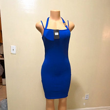 Blue Solid Stretch Square Neck Strappy Sleeveless Bodycon Dress Size S