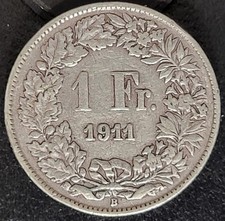 1911 B Switzerland 1 Franc Silver Coin - KM# 24 - Fine