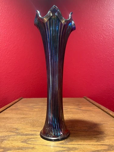 Fenton Carnival Glass Fine Rib Blue Swung Vase; 11 inches tall; Iridescent!