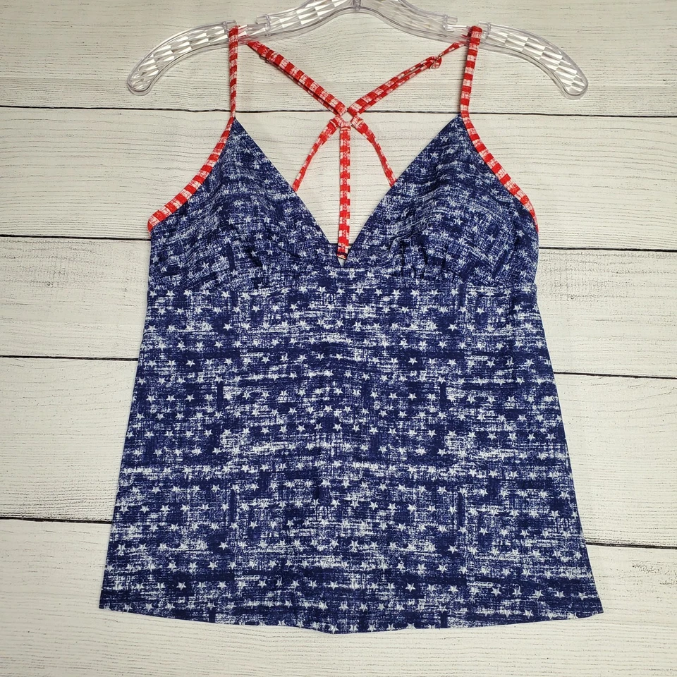 Camiseta de natación Mossimo para mujer pequeña espalda deportiva Tankini rojo blanco azul EE. UU. 4 de julio Foto 2 de 4
