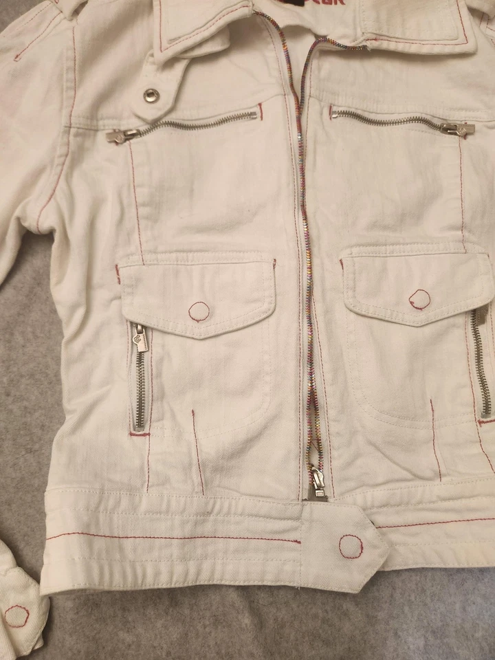 Rocawear Jacket Y2k Womens XL White Denim Moto Red Stitch Pockets Spandex - Image 4 of 4