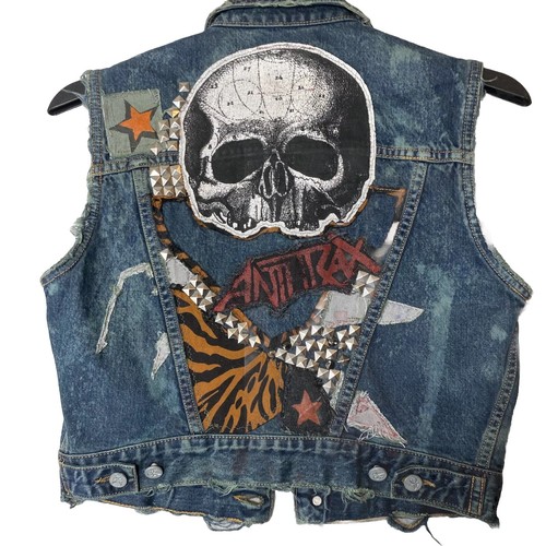Jean Jacket PunkRock RATT Anthrax Distressed M/L Custom Upcycled Studs Skull