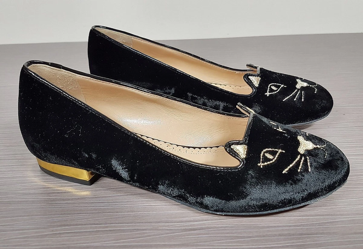 Charlotte olympia black hotsell velvet kitty flats