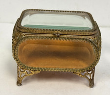 Antique Ornate Glass Jewelry Perfume Bottle Box French Beveled Brass 4.5