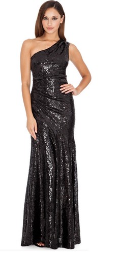 Womens Dress Black Maxi Party One Shoulder Sequin Fishtail Ball Gown Bridesmaid - Picture 2 of 4