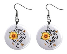 Hope Faith and Flower Design, Button Earrings Jewelry 1" Dangle MADE IN USA NEW