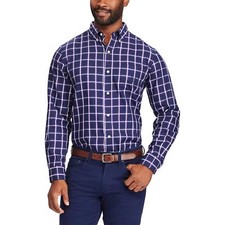 Chaps Mens Classic Fit Plaid Easy Care Twill Newport Navy Button Down; M   B14