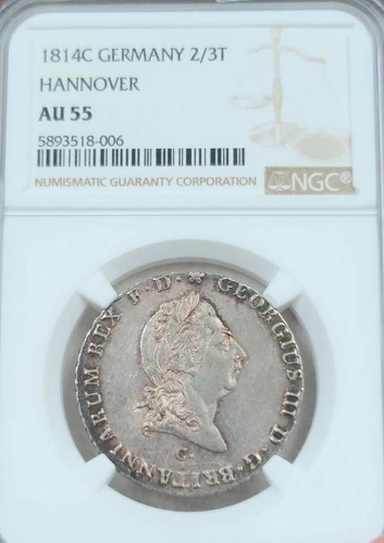 1814 GERMANY SILVER 2/3 THALER HANNOVER GEORGE III NGC AU 55 SCARCE HIGH GRADE