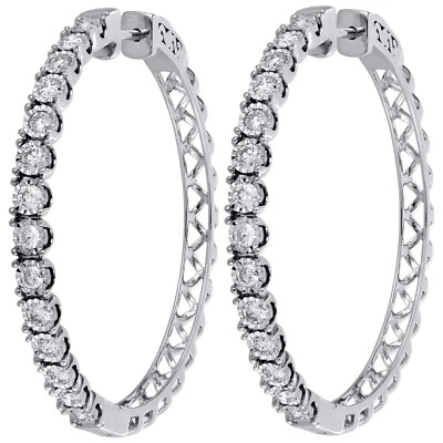 10K Weißgold Diamant Einreihig Bezel-Set 1,55" Hoops Huggie Ohrringe 1,50 CT. - Bild 1 von 4