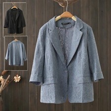 Women Floral Lace Blazer Jacket 3/4 Sleeve Suit Coat Thin Office Casual Summer